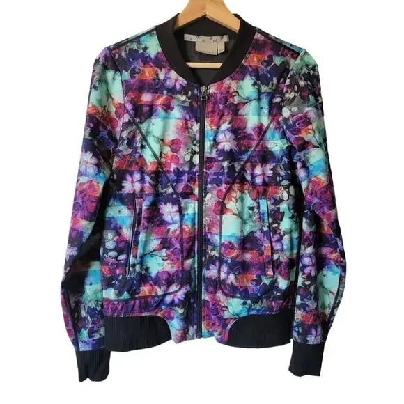 Athleta Watercolor Floral Zipper Front Bomber Coat Jacket With Zipper Pockets- S - Picture 2 of 6